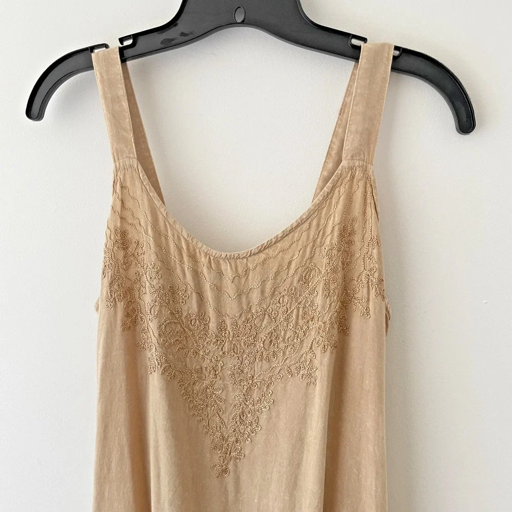 Boho Beige Embroidered Tank Top L Festival Cottagecore Fairy Hippie Button Strap - Picture 7 of 10